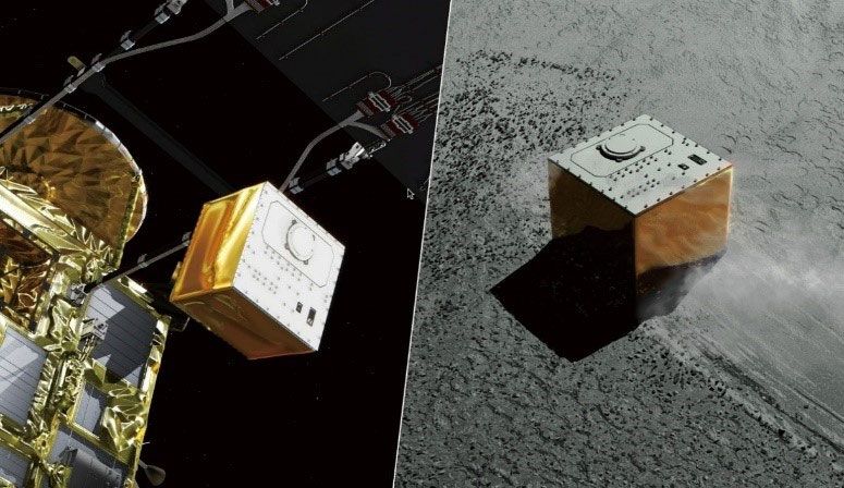 (Left) Illustration of MASCOT separating from Hayabusa2 (right) and landing on Ryugu (Image credit: JAXA)